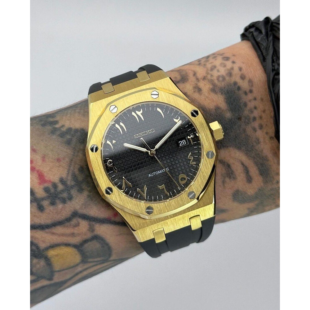 Custom Seiko Mod • Black Gold Arabic AP on rubber strap • 41mm